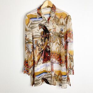 Otto Kern Silk Native American‎ Indian Tribal 100% Silk Button Front Top